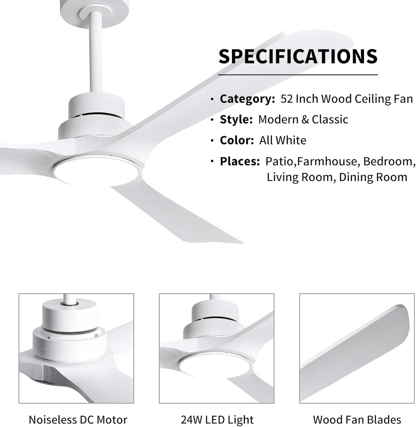 52' Wood Ceiling Fan with Lights and Remote, Reversible DC Motor 6-Speed Ceiling Fan, 3 Blades White Ceiling Fans for Bedroom/Living Room/Kitchen