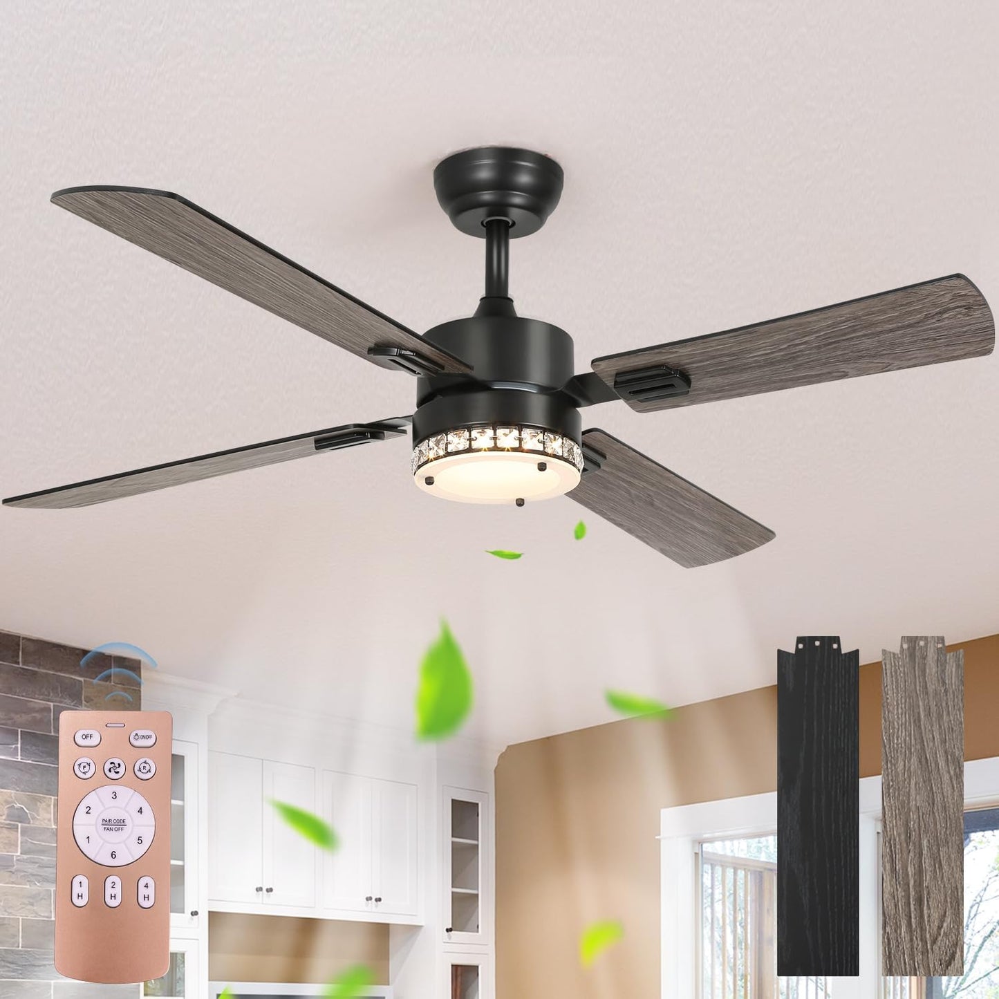 Xermei Ceiling Fan with Lights Remote Control,52 inch Crystal Lampshade Ceiling Fan,Low Profile Modern Ceiling Fan with Light,Noiseless Reversible DC