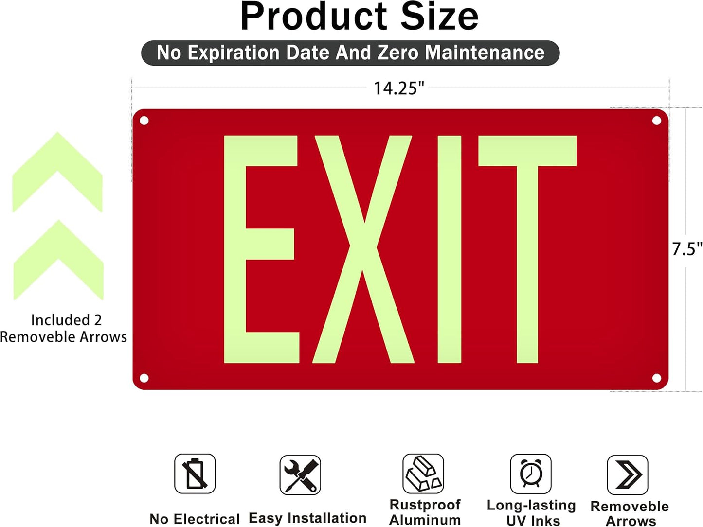 (4 Pack) Photoluminescent Exit Sign Aluminum