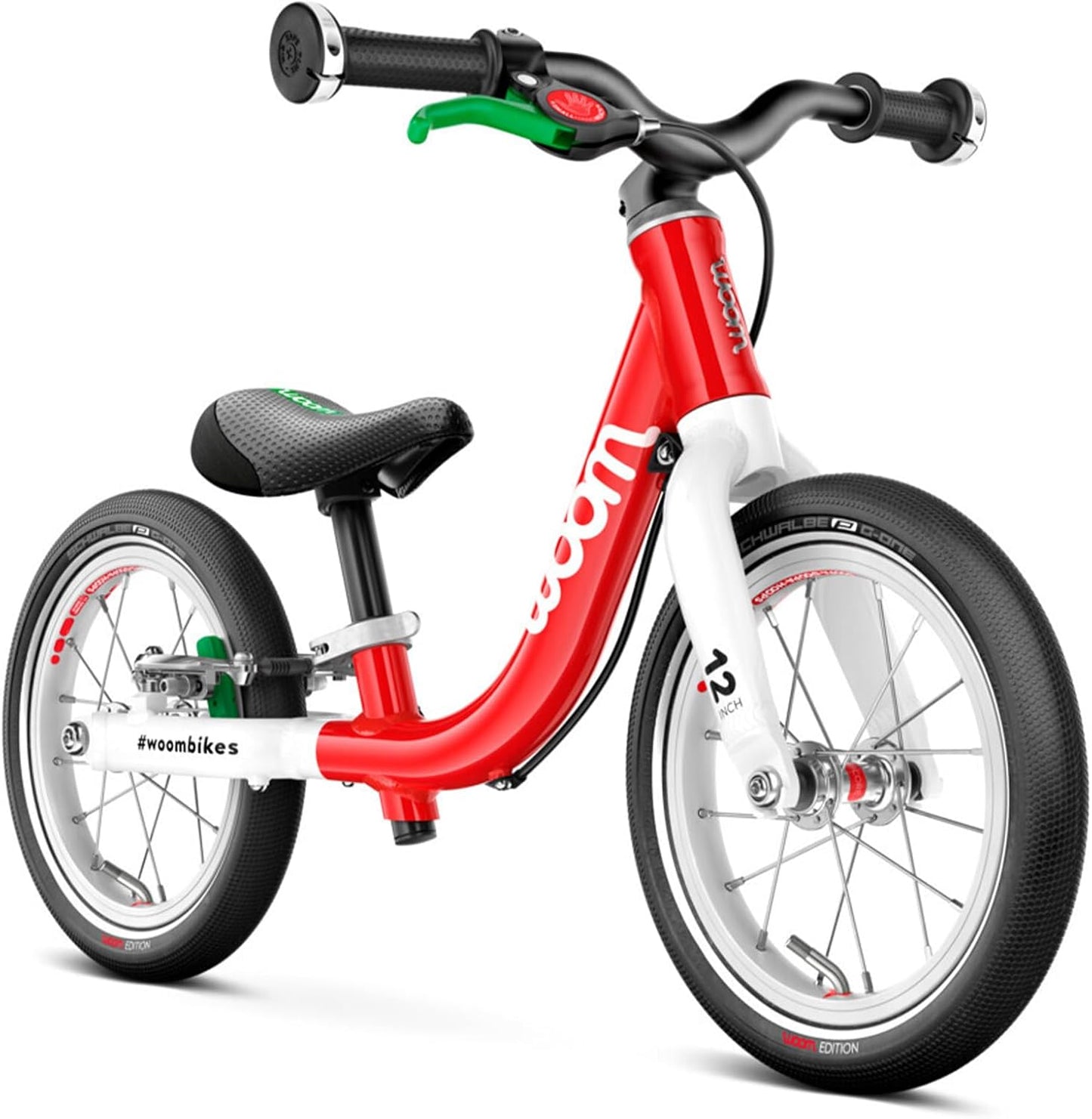 woom 1 Balance Bicycle for Kids 18 Months to 3.5 Years Old, Lightweight 12-Inch Toddler Bike with Handbrake & Steering Limiter, Boys & Girls (Red)