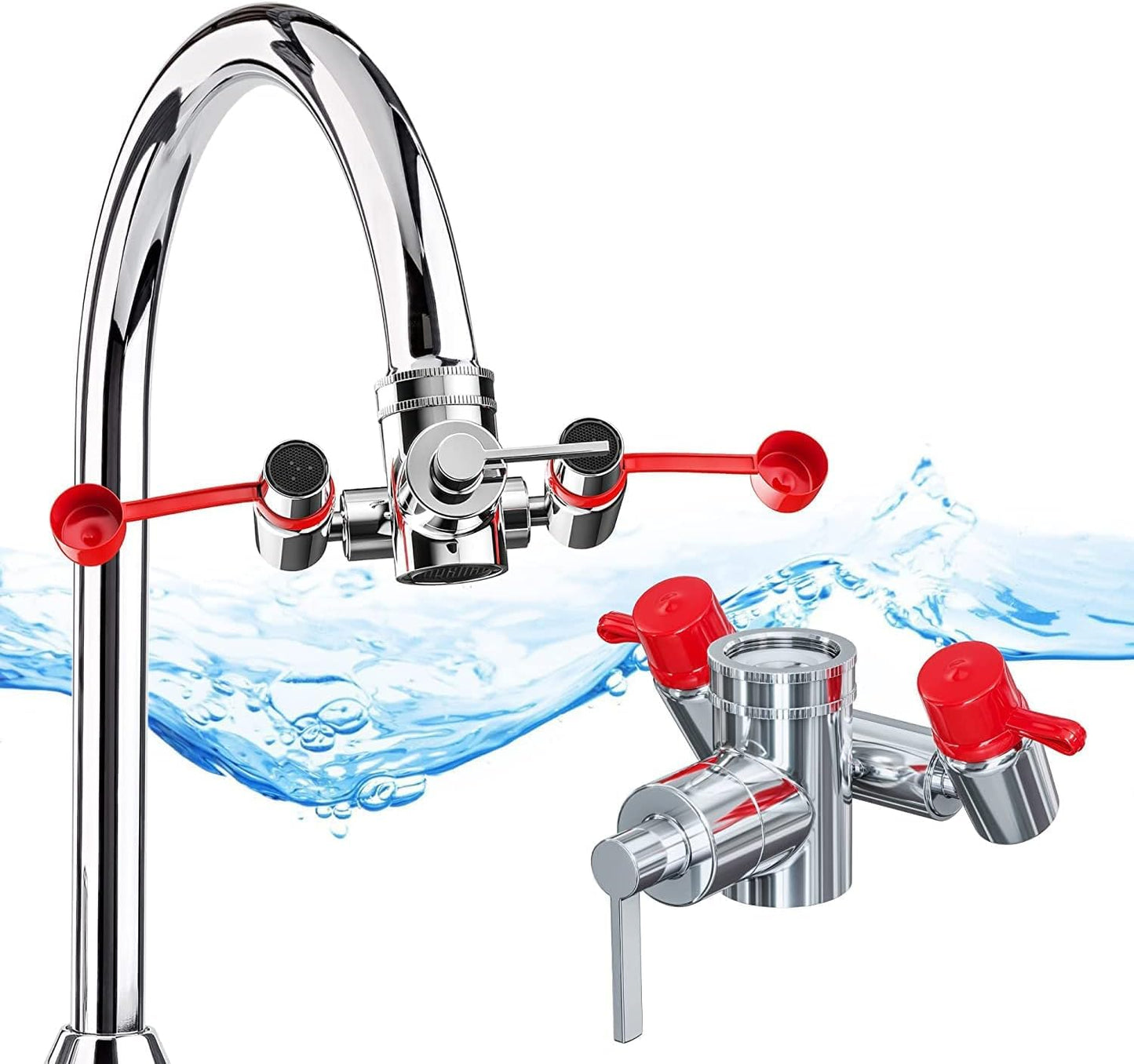 Skywin Faucet Mounted Emergency Eyewash Station with Ball Lock Safety Lever, Adjustable Dual Nozzles, Brass Body, 3 Faucet Adapters, Fits Standard Faucets, Emergency Eye Rinse Kit for Home or Lab Use