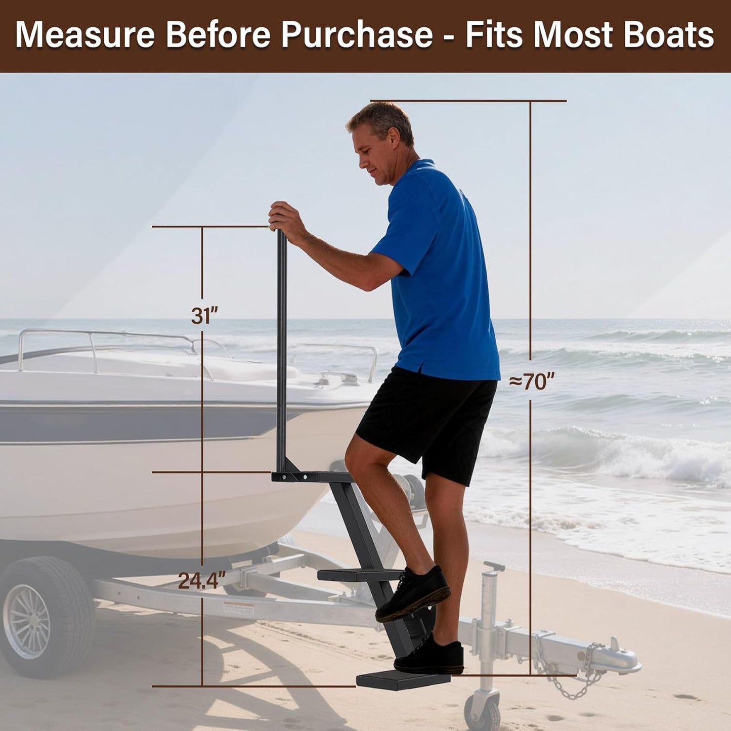Boat Trailer Steps 3 Step with Anti-Slip Mat & Safety Handrail, Universal Fit Boat Trailer Tongue Steps, Heavy Duty Boat Steps, Easy Installation
