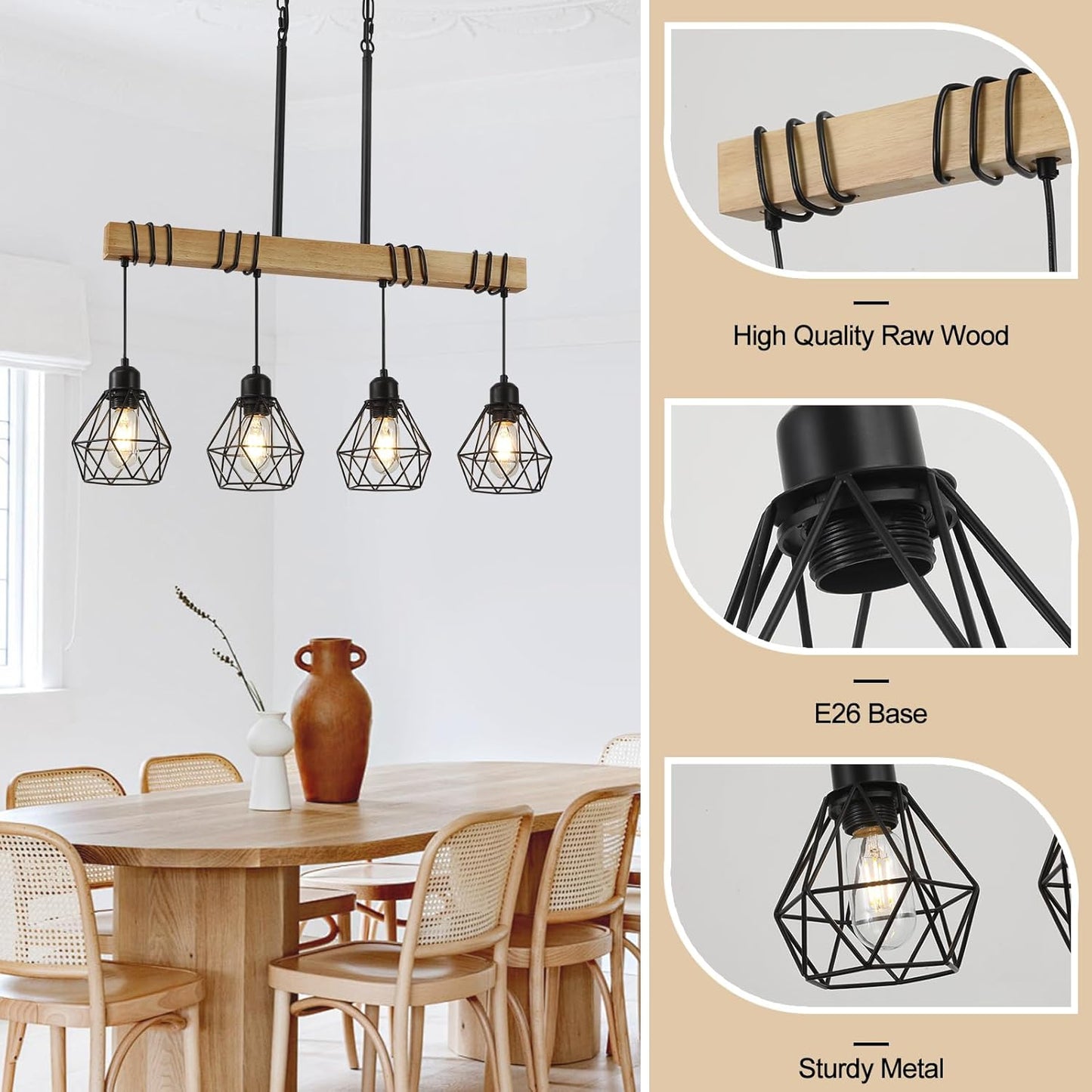 Dining Room Light Fixture Hanging for Modern Farmhouse 4-Lights Kitchen Island Lighting,Modern Chandelier Over Table Linear Chandeliers Black Rustic