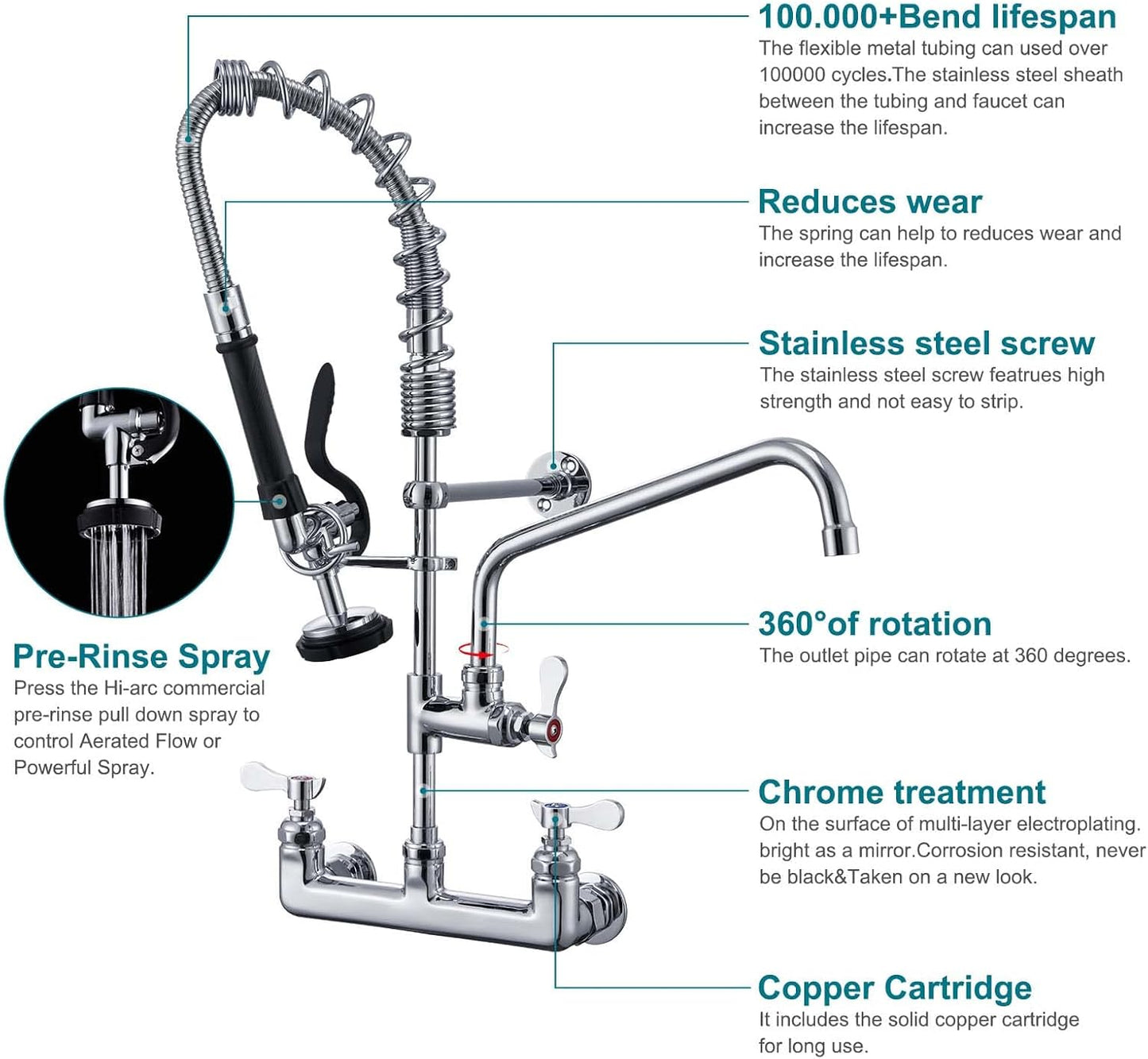 APLWY Commercial Sink Faucet with Sprayer 25' Height 8' Adjustable Center 12' Swing Spout, Brass Constructed Wall Mount Kitchen Sink Faucet with Pull