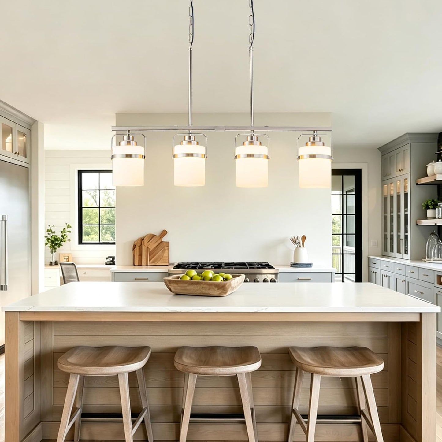 4 Light Kitchen Island Lighting, Brushed Nickel Dining Room Light Fixture with Milk Glass Shade, Adjustable Height Modern Chandelier Pendant Light for Dining Table Living Room Brushed Nickel, Milk Glass 4-Lights