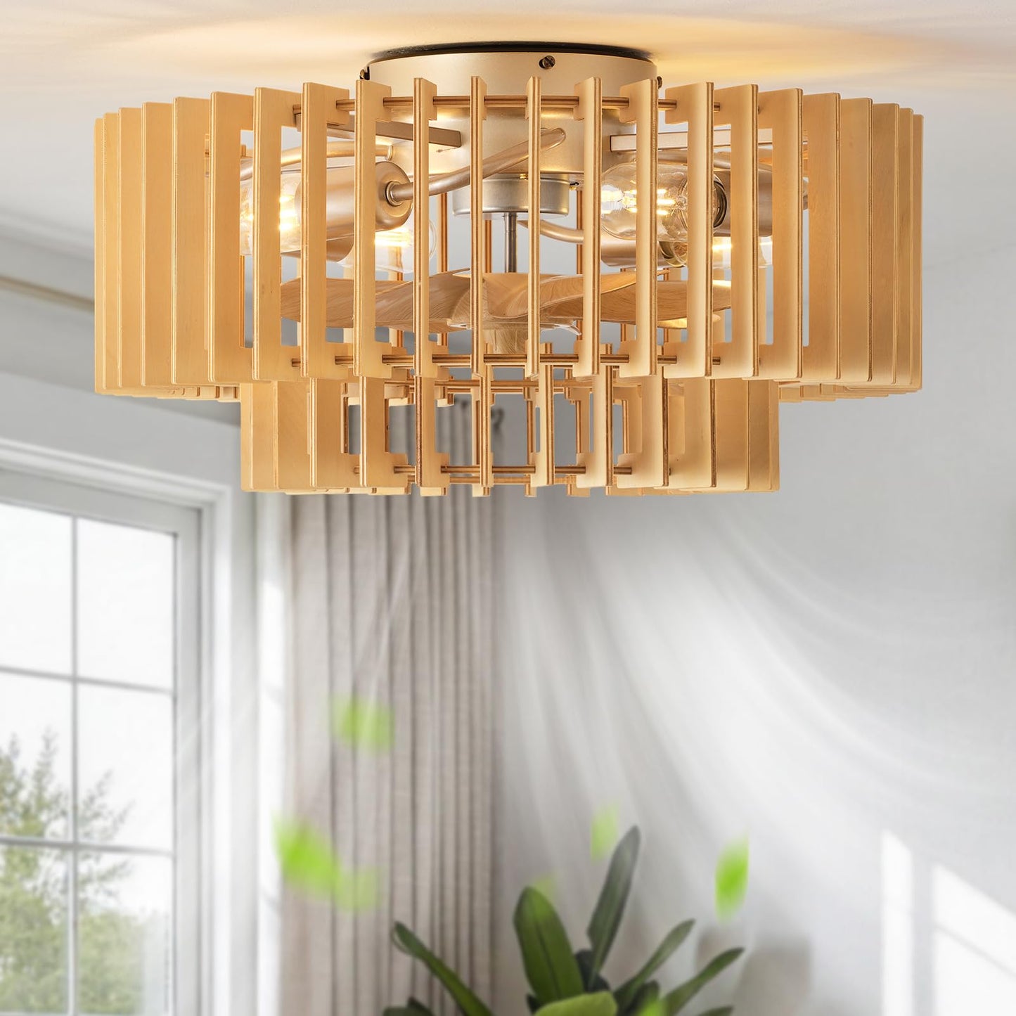 20" Wood Caged Ceiling Fans with Lights, Flush Mount Boho Ceiling Fan with Light Remote Control, Low Profile with 6 Speeds for Bedroom, Nursery, Living Room Beige