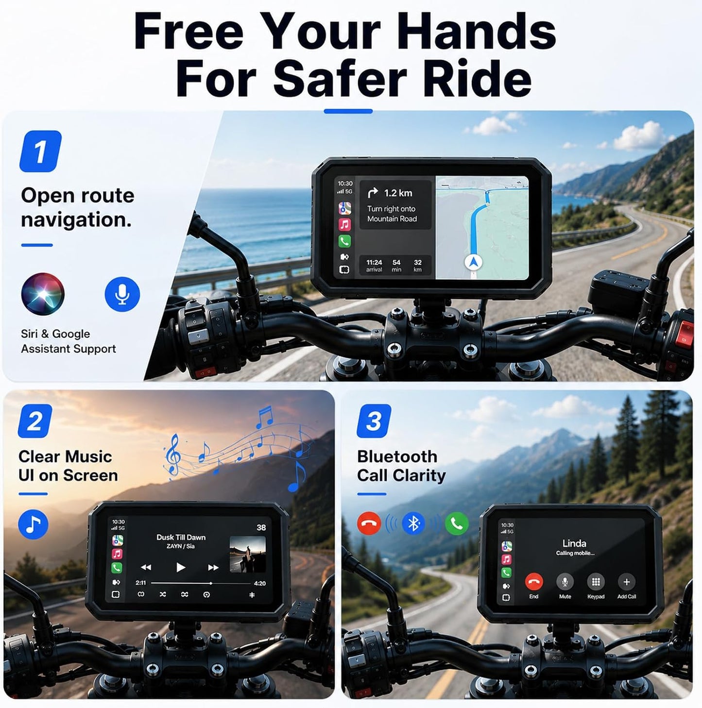 7-Inch Motorcycle CarPlay with TPMS, Apple CarPlay & Android Auto, Portable Display, Dual Bluetooth, Motorcycle Mount Included 7in