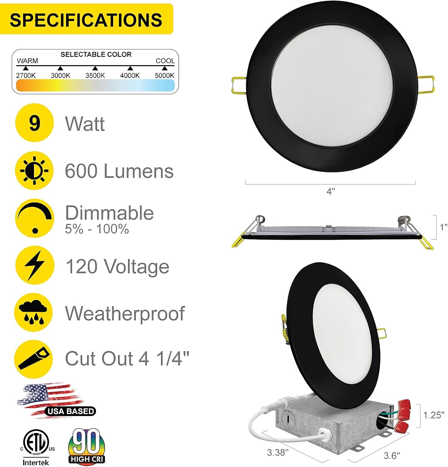 NUWATT | 6 Pack | 4 Inch Ultra-Thin LED Recessed Lighting, Selectable 2700K/3000K/3500K/4000K/5000K, 630 Lumens, IC Rated, Dimmable Slim Panel Light,