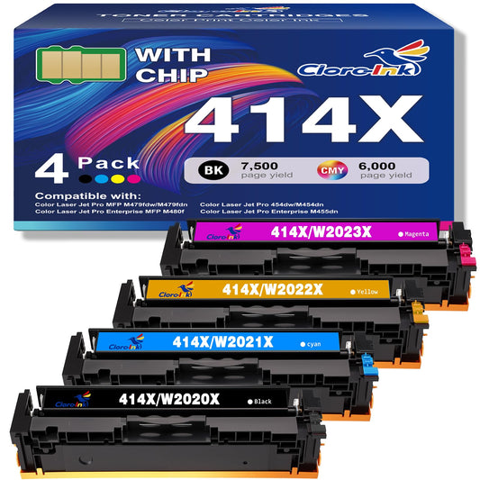 414X Toner Cartridges 4 Pack with Chip Replacement for HP 414A 414X W2020X W2020A for Color LaserJet Pro MFP M479fdw M479fdn M454dw M454dn LaserJet M479 M454 Printer(B/C/Y/M Color)