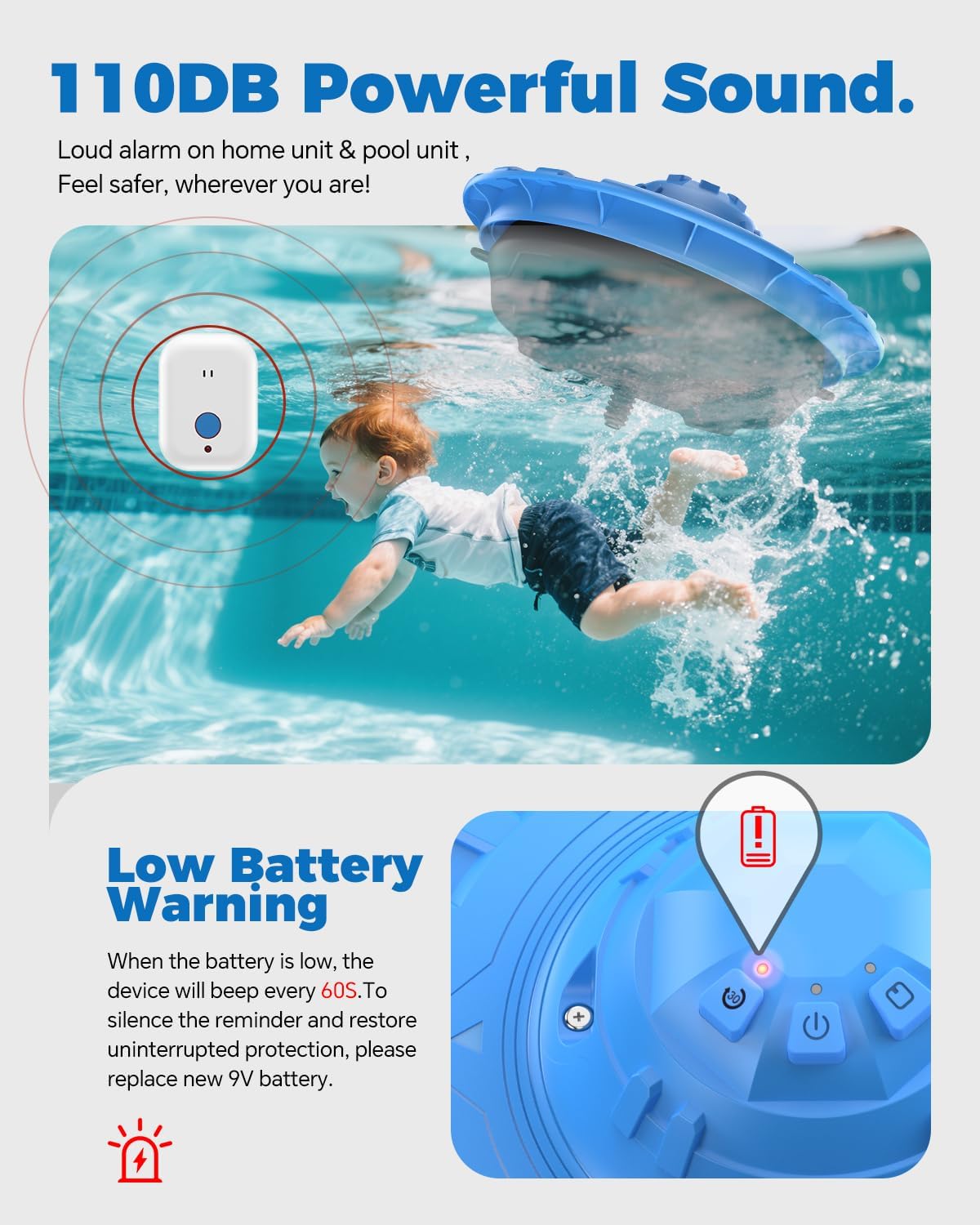 Pool Alarm Loud Floating Alarm for Inground & Above Ground Pools, for Water Safety with Children & Pets, Blue