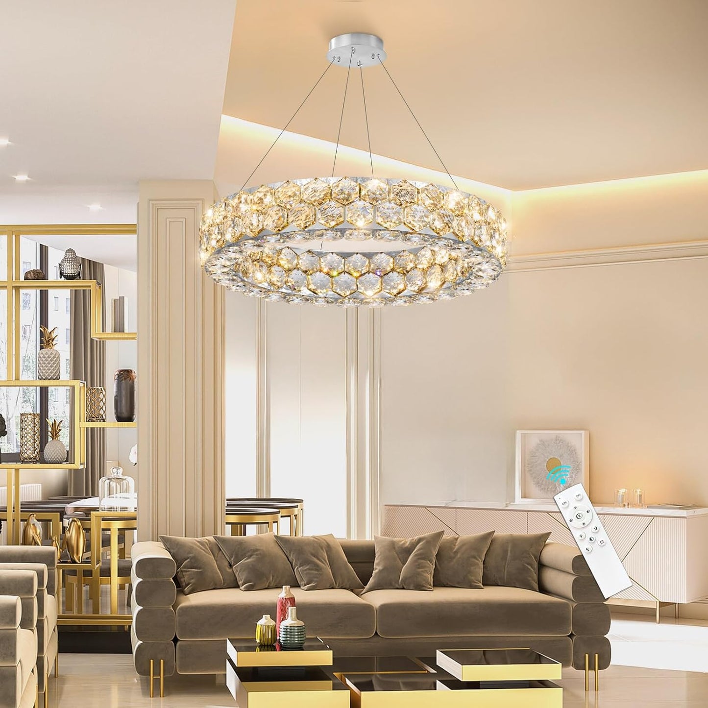 Modern Dimmable Crystal Chandelier for High Ceilings with Remote Control, Flush Mount