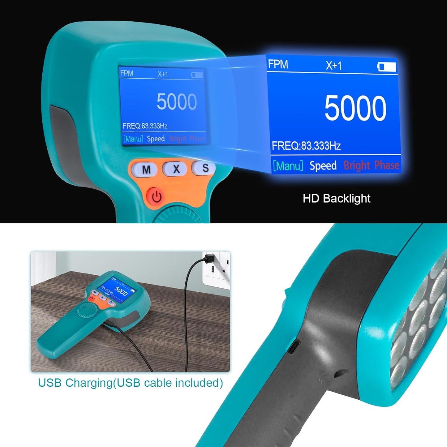 Digital Handheld Stroboscope 60-99999 FPM, LED Stroboscope YF-DT100B, 1500 Lux Strobe Tachometer with Full-Color LCD Display, Stroboscopic