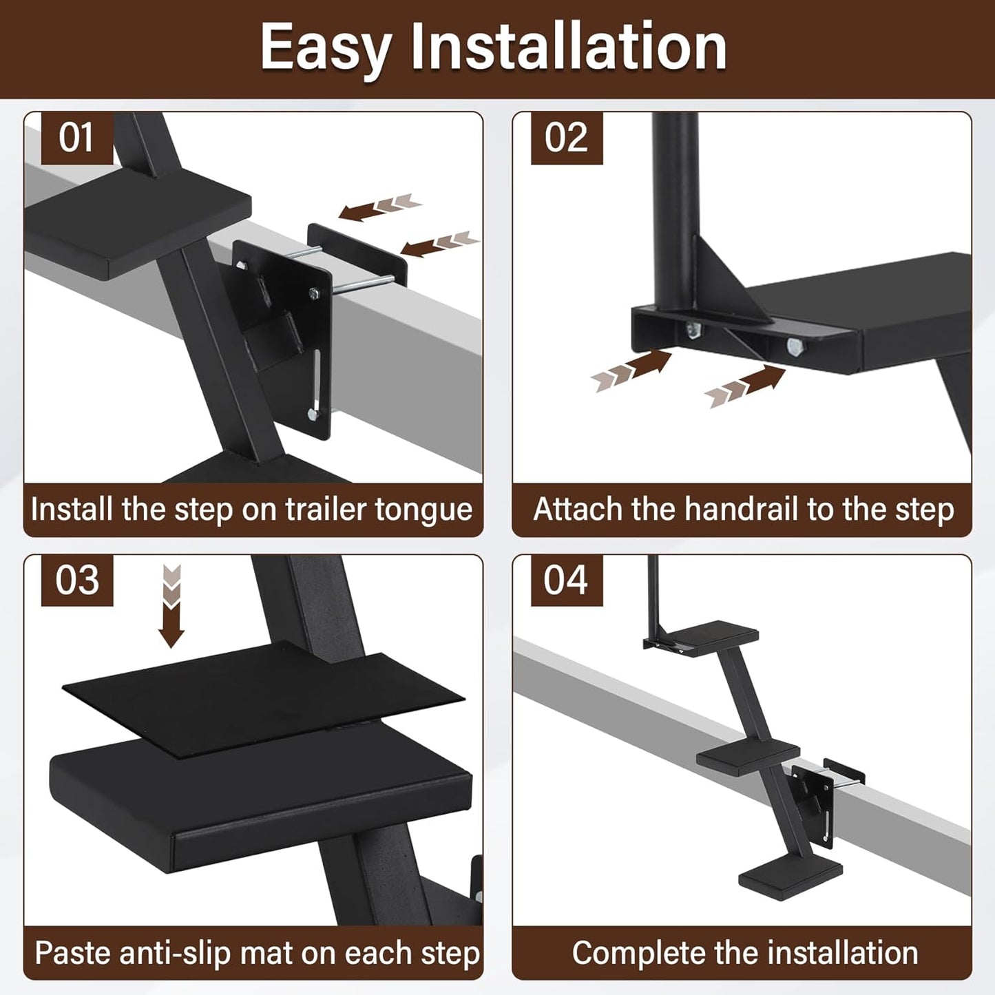 Boat Trailer Steps 3 Step with Anti-Slip Mat & Safety Handrail, Universal Fit Boat Trailer Tongue Steps, Heavy Duty Boat Steps, Easy Installation