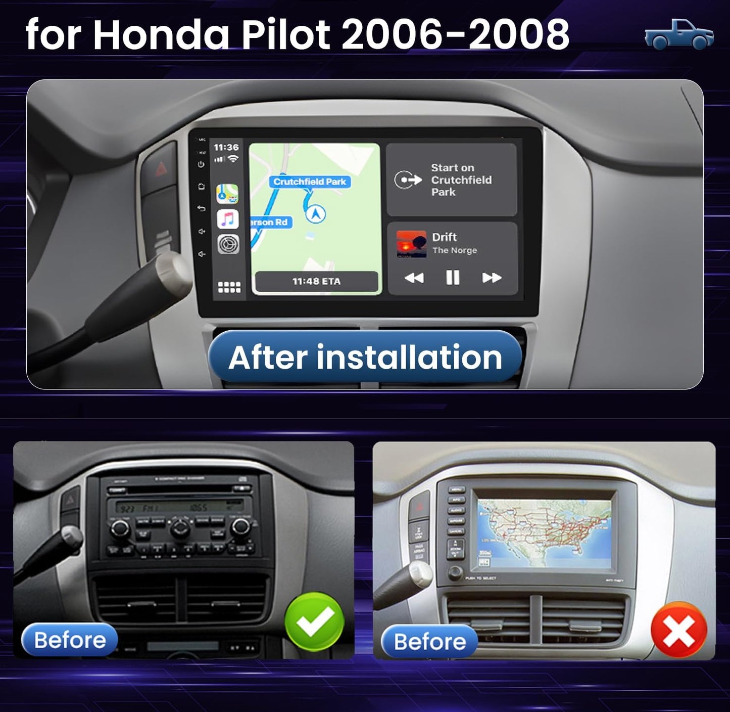 8Core 4G RAM 32G ROM Android 13 Car Radio Stereo for Honda Pilot 2006 2007 2008: 9" 1280 * 800 HD Touch Screen Accessories Bluetooth5.0 FM 36EQ 5GWIFI Backup Camera Carplay Android Auto GPS
