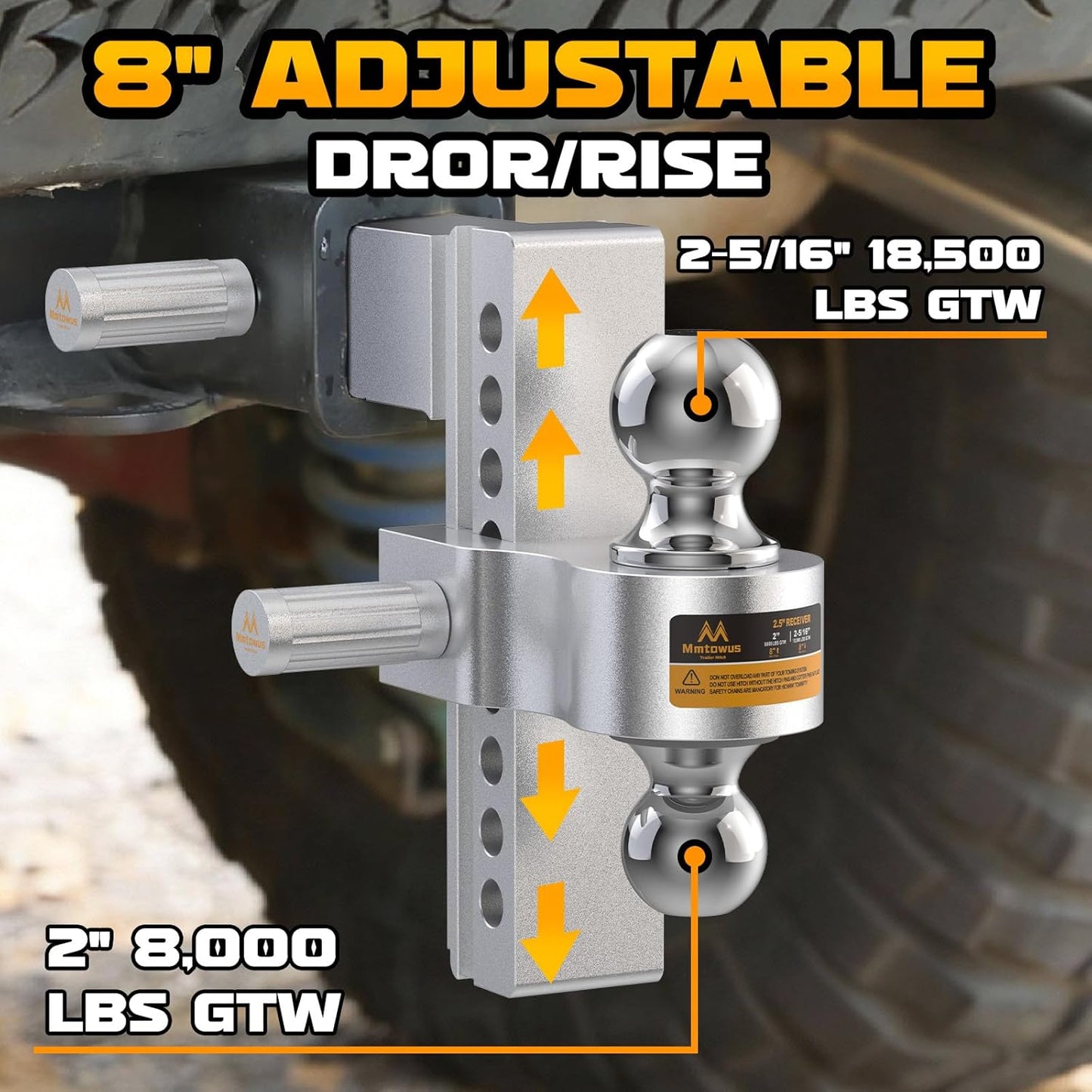 Adjustable Trailer Hitch -Drop Hitch 2.5 Inch Receiver, Aluminum Tow Hitch with 8" Drop/Rise, Dual Ball Mount (2" & 2-5/16") Ball Hitches for Truck, Weatherproof 2X Anti-Theft Hitch Pin Locks