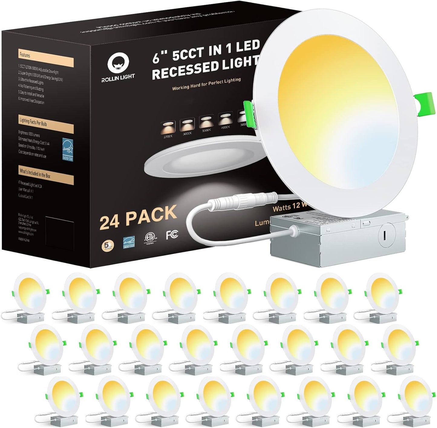 Rollin Light 24 Pack 6 Inch Canless LED Recessed Lighting, 5CCT Ultra-Thin 12W Real 1050LM Dimmable Retrofit Recessed Downlight Wafer Light for