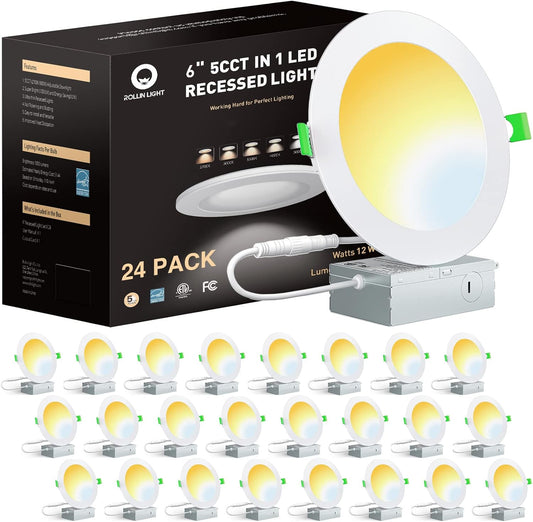 Rollin Light 24 Pack 6 Inch Canless LED Recessed Lighting, 5CCT Ultra-Thin 12W Real 1050LM Dimmable Retrofit Recessed Downlight Wafer Light for