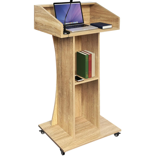 Podium Stand with Lockable Wheels,47"H Wooden Podium for Classroom, Mobile Pulpit Lectern with 3 Storage Shelves for Church, Office,Conference Room (White Oak)