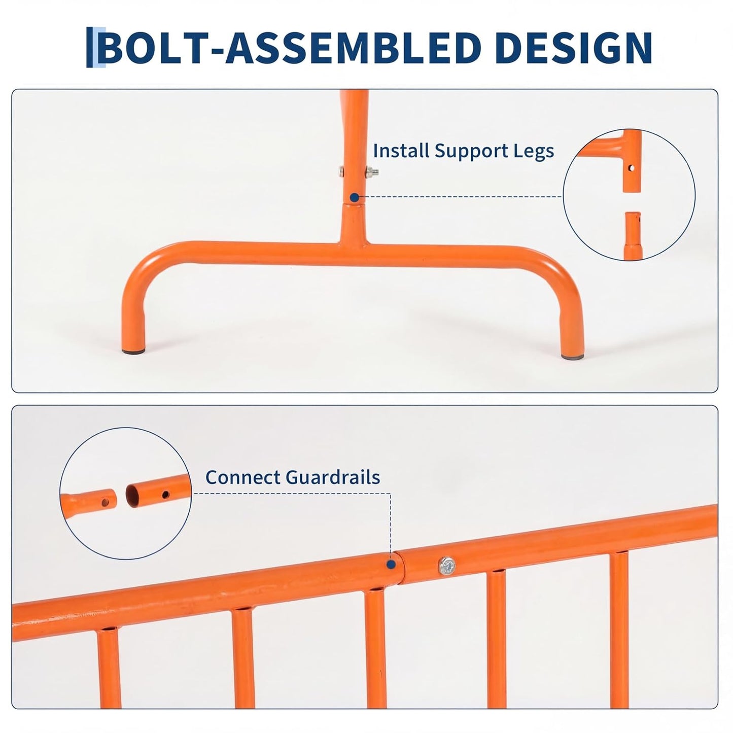 Interlocking Steel Barricade, 7.5 Ft. Heavy Duty Galvanized Metal Barricade, Interlocking Steel Road Barriers with with Bridge Feet Base, for Crowd Control Event Fencing Indoor/Outdoor, Orange