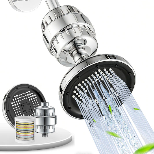 Filtered Shower Head - 5 Spray High Pressure Filtered ShowerHead, 15 Stage Shower Head Filter for Hard Water, Easy Install & Adjustable Remove Chlorine and Harmful Substances - Silver 5" 5 Inch Silver