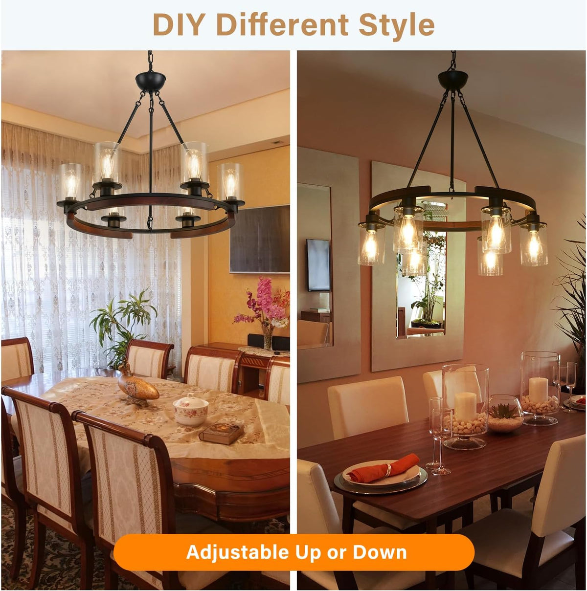 28 Inch Wagon Wheel Chandelier, 6-Light Round Farmhouse Chandeliers Wood Large Dining Room Pendant Light Fixture with