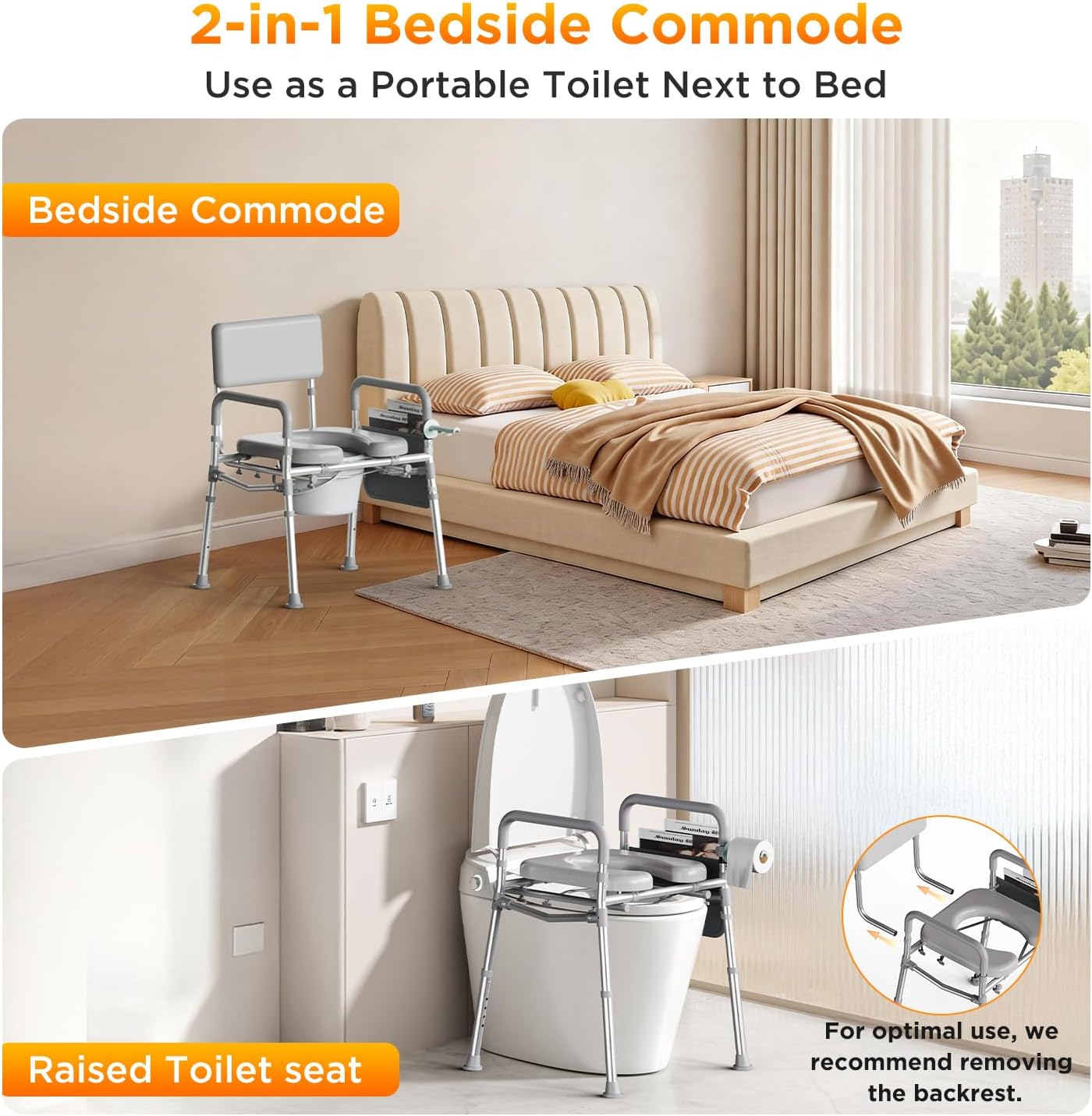 Bedside Commode with Padded Seat & Backrest, Aluminum Toilet with 6.5 qt Bucket, Easy-Clean, 350 lb Capacity Enhanced Crossbar, Portable Toilet for Seniors with Paper Holder & Newspaper Bag