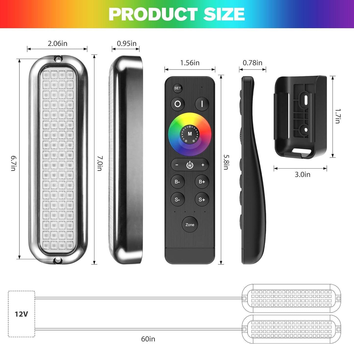 HUSUKU GT3 RGB Boat LED Light Underwater Marine Color Light Kit, 6000 LM 12 V 60 W 72 LED IP68 Waterproof, All-Metal, Wirel
