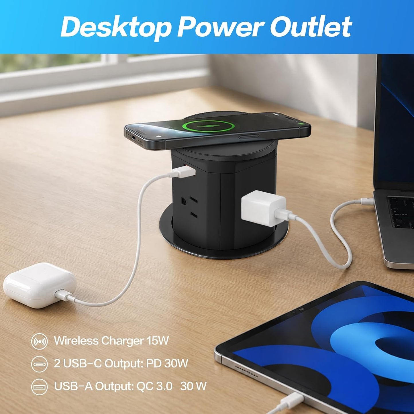 Pop Up Outlet with 15W Wireless Charger, 4 AC Outlets 1875W PD 30W Supercharging 2 USB-C Ports USB-A Ports, 3.35" Hole Desktop Power Grommet for Home Office (Black) 3.35-inch hole-black