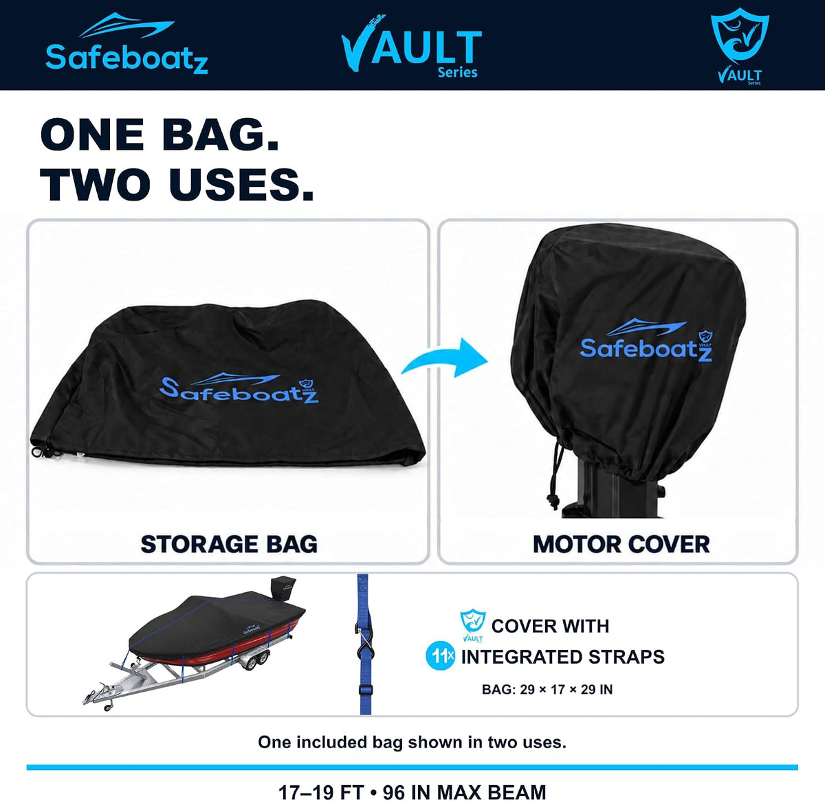 Boat Covers 17-19ft, Safeboatz Vault Series, 11-Point Metal S-Hooks, 96"
