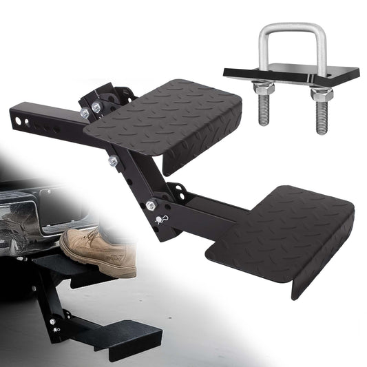 12" Wide 2-Step Folding Trailer Pet Hitch Step for 2" Receiver -Heavy Duty 2 Step Dog Stairs, 4-Position Adjustable Height, Towing Hitch Stair Fit for Truck Camper, RV, Pickup Truck, Trailer, SUV