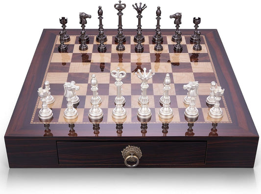 AMEROUS 19.6 Inches Wooden Chess Set with Metal Chess Pieces- 4.5'' King - 2 Built-in Storage Drawers - Gift Packaging,Tournament Chess Board Games