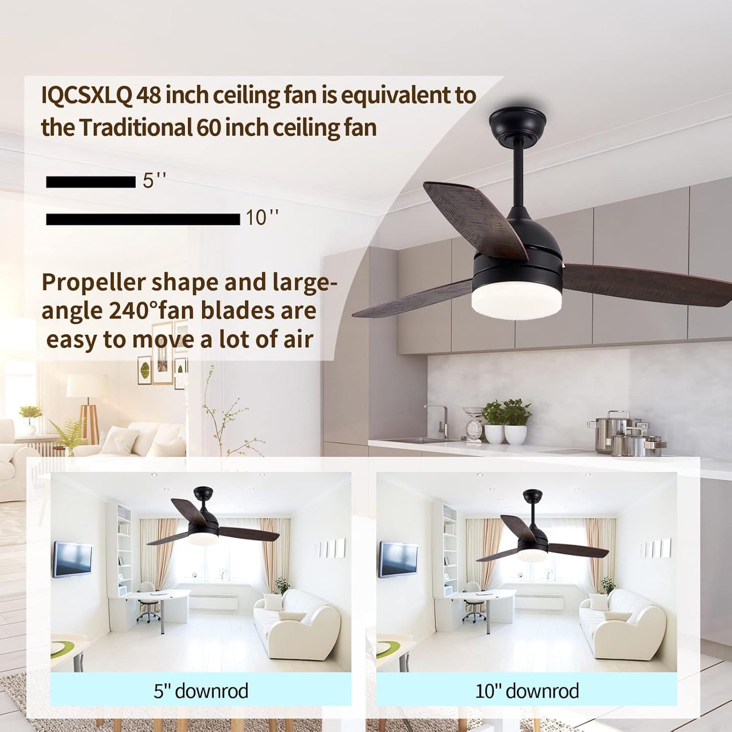 48 Inch Smart Ceiling Fans with Dimmable LED Lights, Black Modern Ceiling Fan with Remote/APP, Outdoor Wood Reversible Blade Ceiling Fans DC Quiet