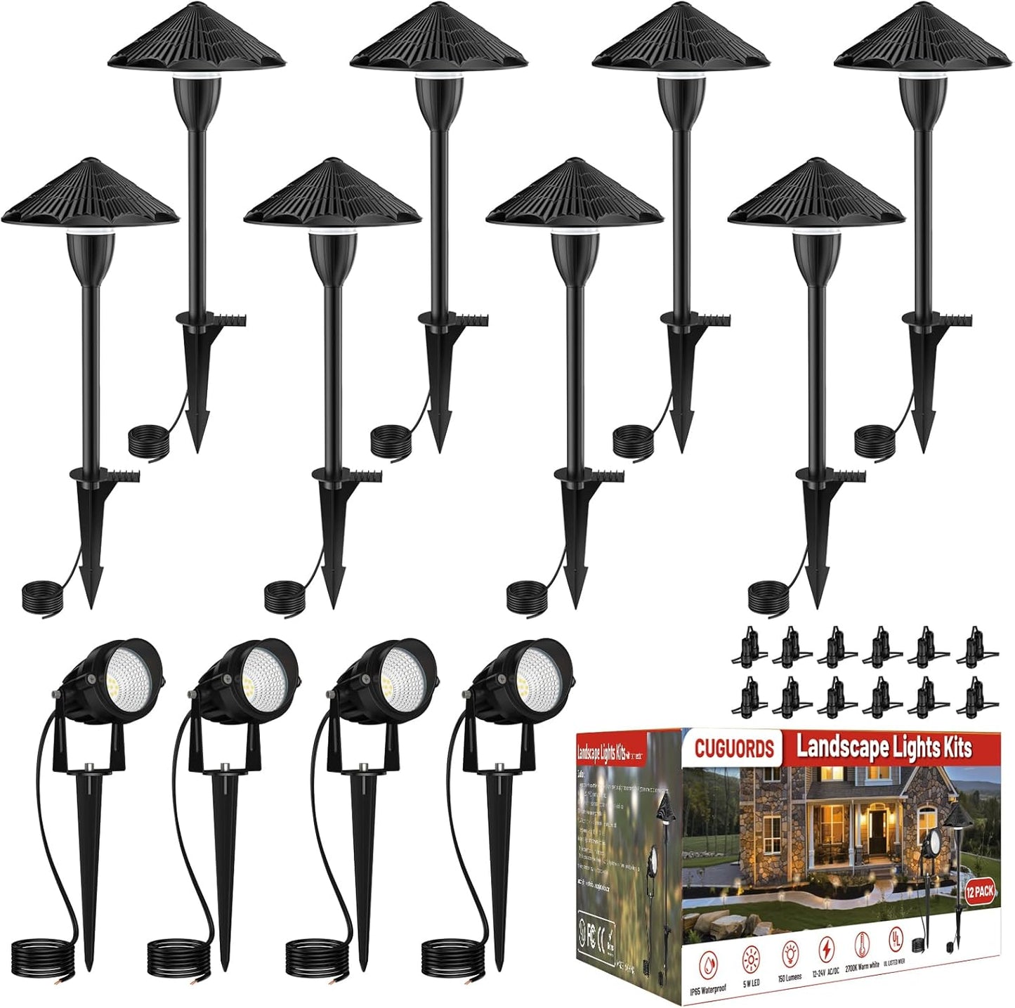 Cuguords,LED Landscape Lighting Kit,LED Low Voltage Pathway Lights,AC/DC 12-24V UL Listed Cord Waterproof,Outdoor Wired Landscape Light Sets,Outdoor