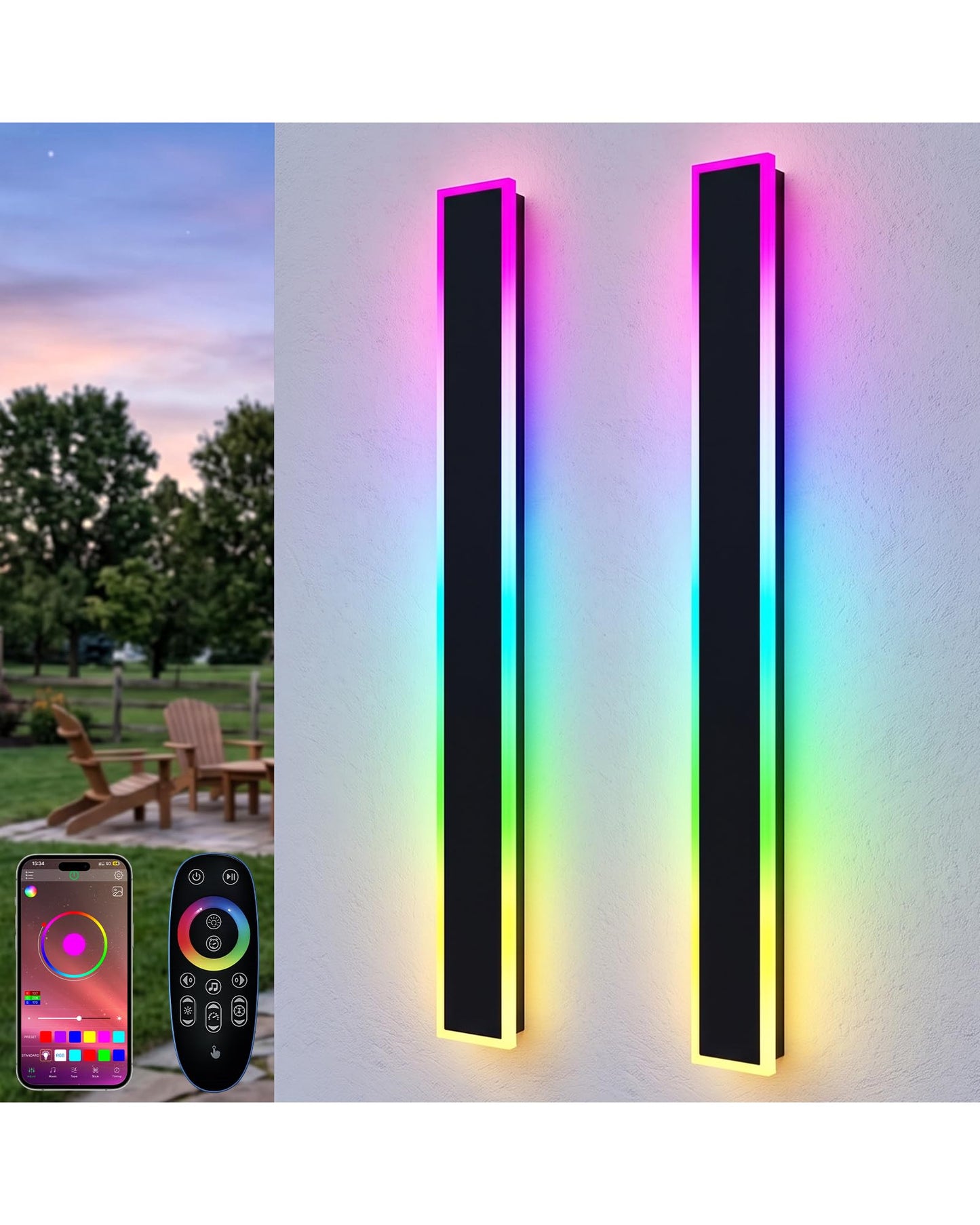 2 Pack 23.6in Modern RGB Outdoor Wall Lights, RGB/Warm/White & Dimmable, IP65 Waterproof, LED Exterior Lighting Fixtures, Linear Outdoor Wall Sconce with Remote and APP Control for Garage, Porch 23.6 in