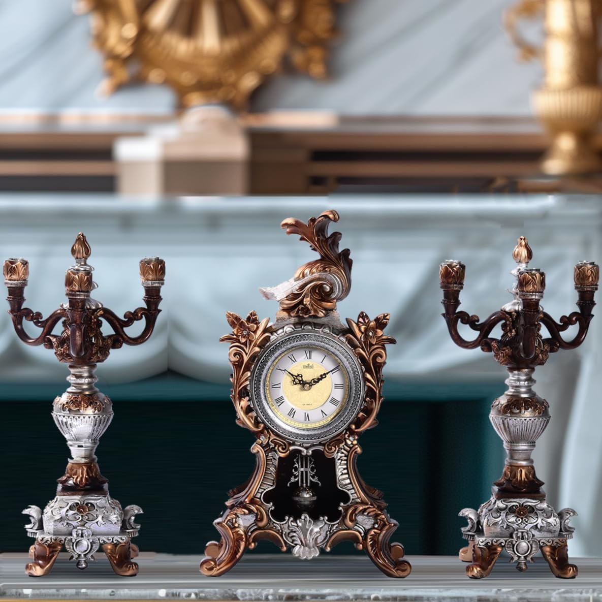 18.5H Rococo Style Pendulum Clock Mantel Clock with 2 Candelabra Candle Holders Baroque Resin Desk Clock Anniversay Clock for Living Room Bedroom