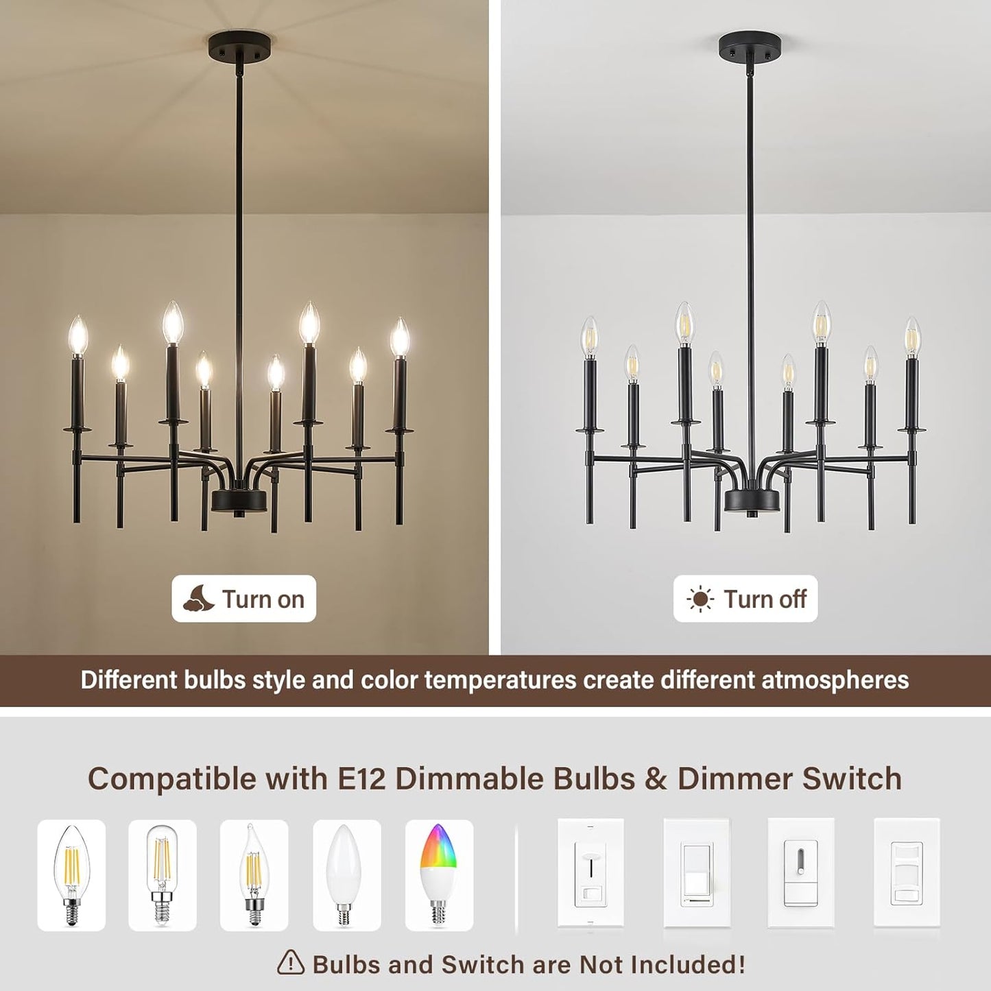 ZUYURT 8 Light Modern Black Chandelier Light Fixture,Farmhouse Chandeliers for Dining Room,Matte Metal Candle Ceiling Chandelier Lighting Fixtures