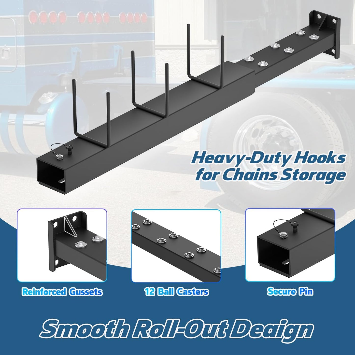Roll-Out Tire Chain Hanger, Heavy-Duty Tire Chain Rack with 12 Ball Casters, Bolt-On Tire Chain Mount for Semi Trucks, Frame-Mounted Tire Chain Holder Compatible with Kenworth, Peterbilt & More