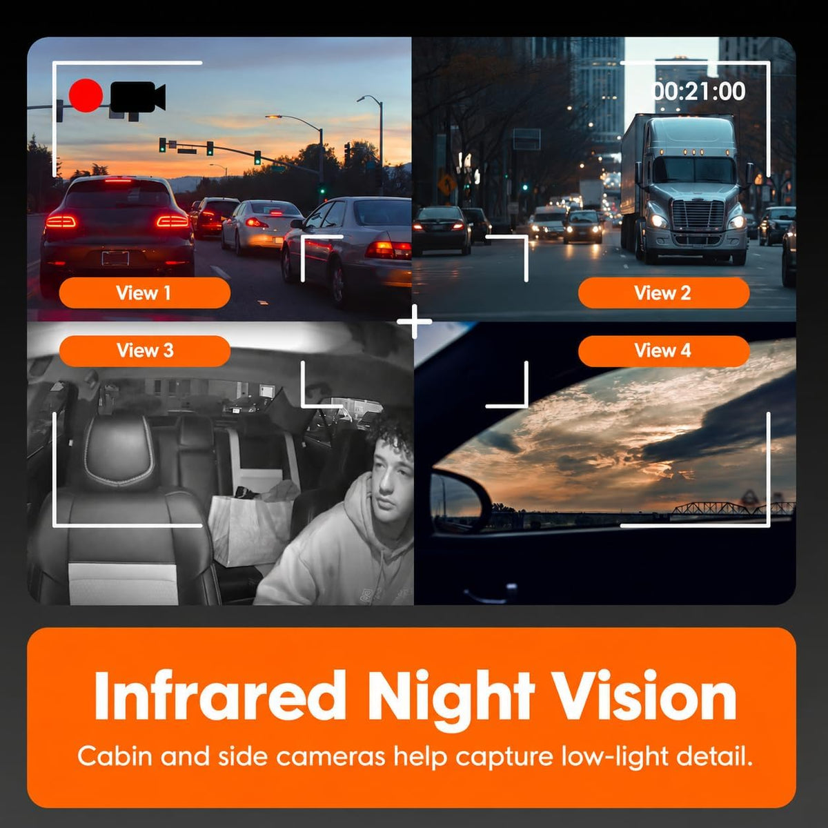 RexingUSA C4 4-Channel Dash Cam with 64GB microSD Card Included, 1080p Recording, Wi-Fi App Control, IR Night Vision, Parking Mode, G-Sensor