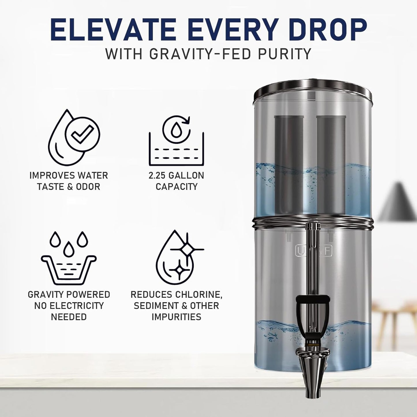 USWF Gravity Fed Water Filter - 2.25 Gal. Stainless Steel w/ 2 Carbon Filters, Portable Countertop Filtration System, Metal Sight Glass Spigot,