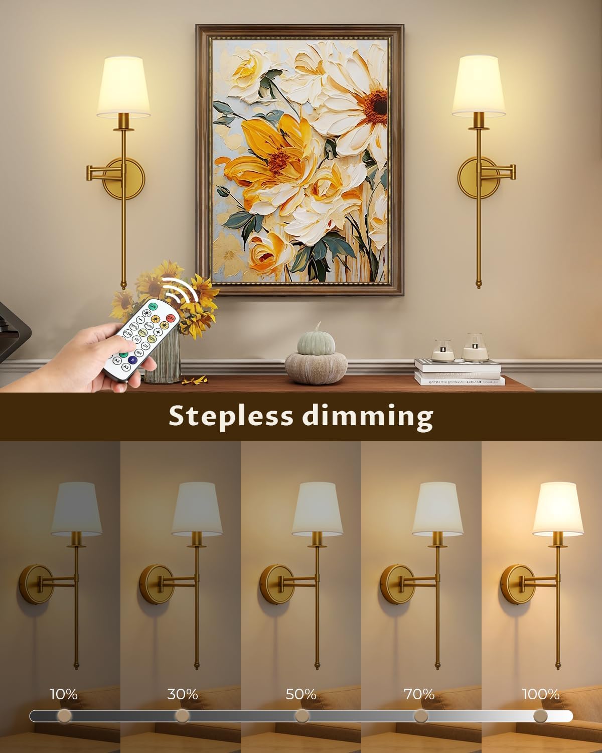 Battery Operated Wall Sconce Set of 2, RGB Color Changing Wall Lights with Remote, 9 Static Colors, Dimmable Wireless Swing Arm Wall Lamp, Adjustable Gold Wall Sconce for Bedroom Living Room Brass 24.8inch