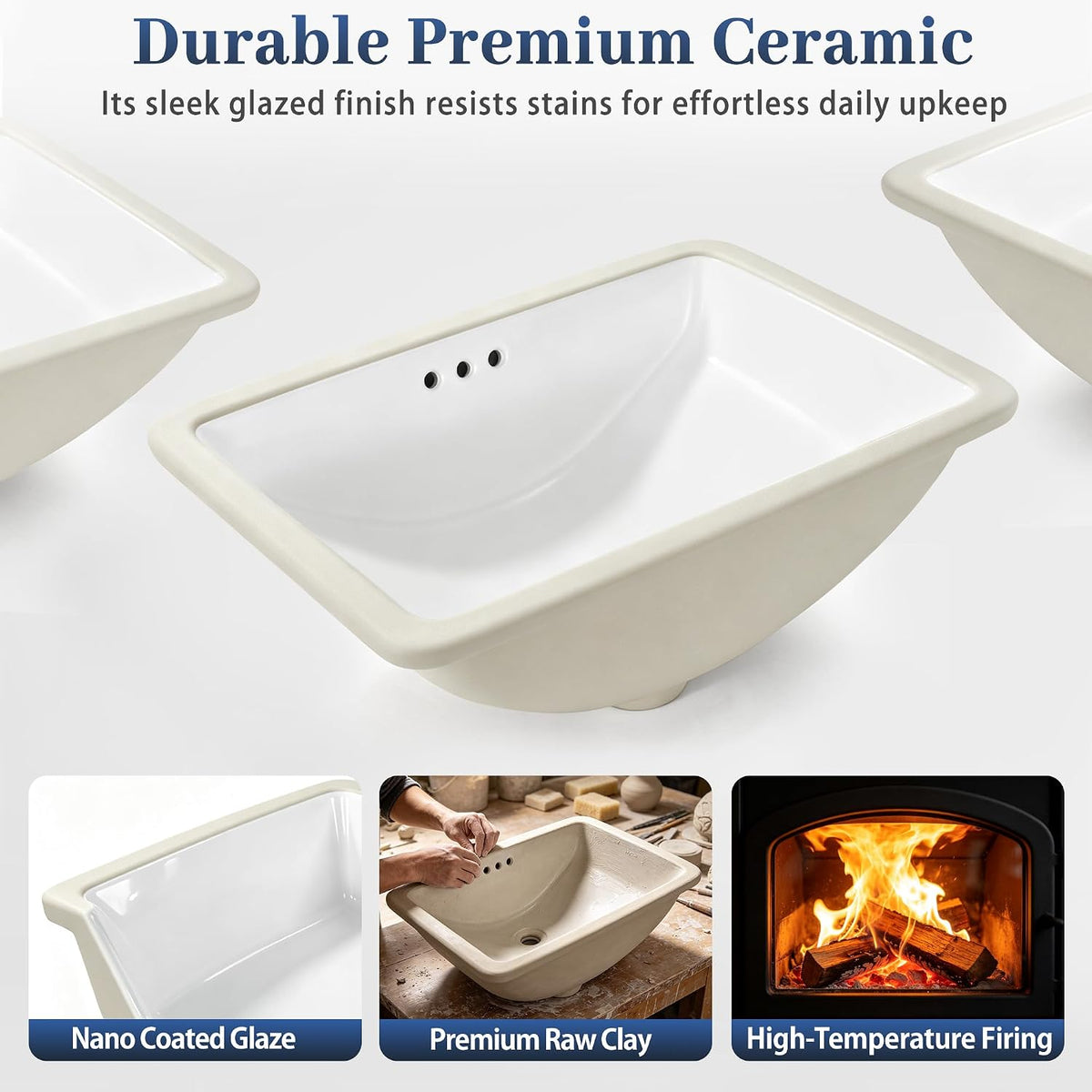 IBVIVIC Undermount Bathroom Sink, 21.1x14.7 Inch White Rectangle Porcelain Ceramic Vessel Sink, Deep Basin with Overflow - Under Counter Lavatory Vanity Sink for Home & Hotel 21.1*14.7Inch
