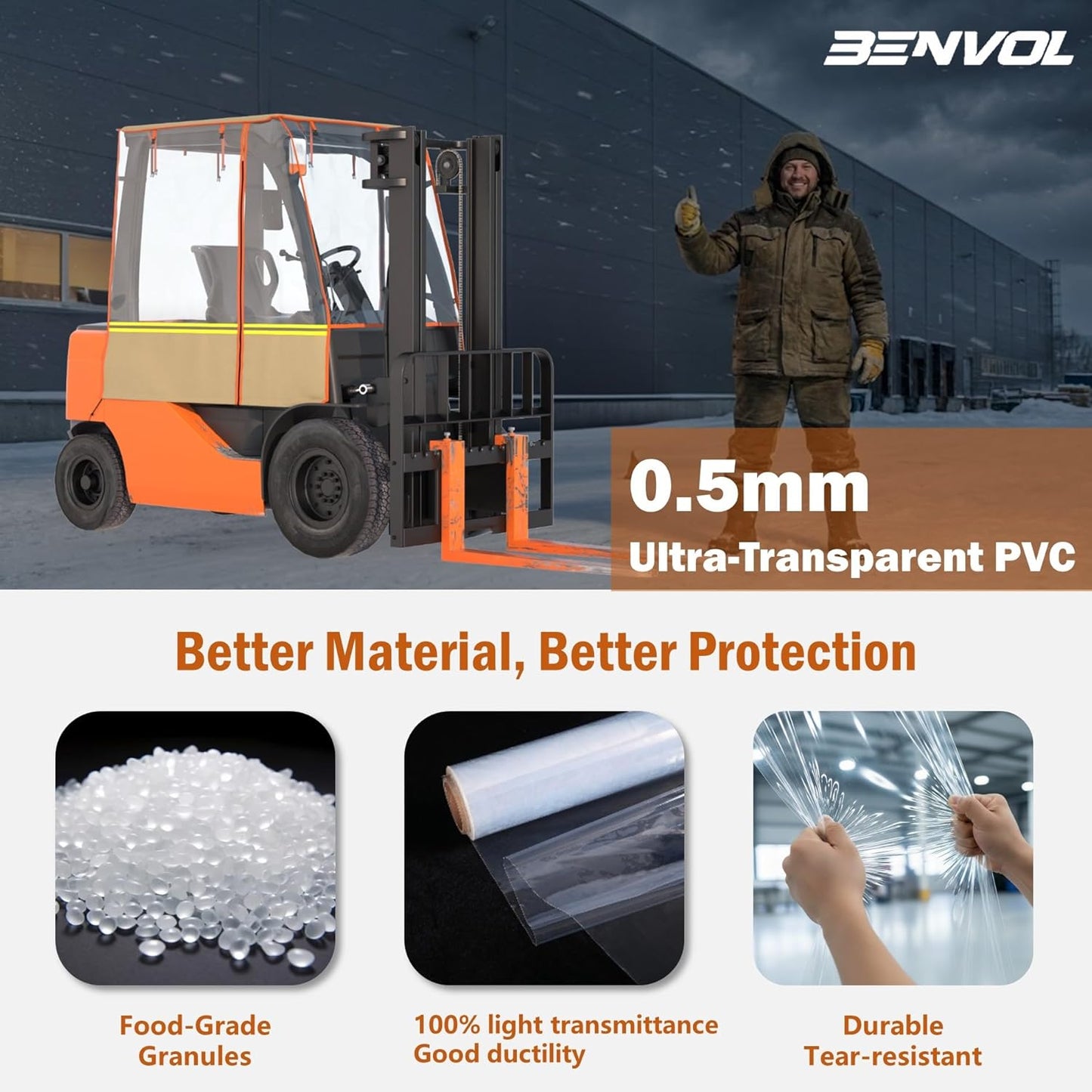 BENVOL Forklift Cab Enclosure Cover - Heavy Duty 0.5mm Clear PVC & 600D Silver-Coated Oxford - Universal Forklift Rain Cover Sunshade Fits Toyota Hyster Yale up to 6000lbs - Waterproof & UV Protection