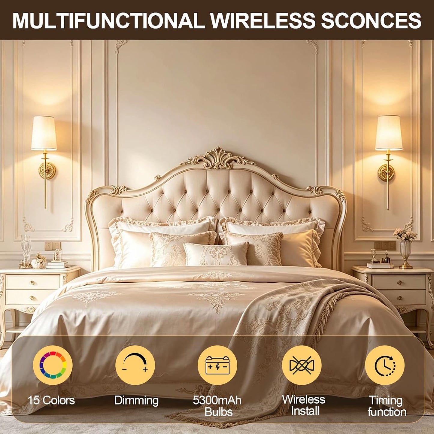 Battery Operated Wall Sconce Set of 2, Gold Wireless Wall Light 23.6 in