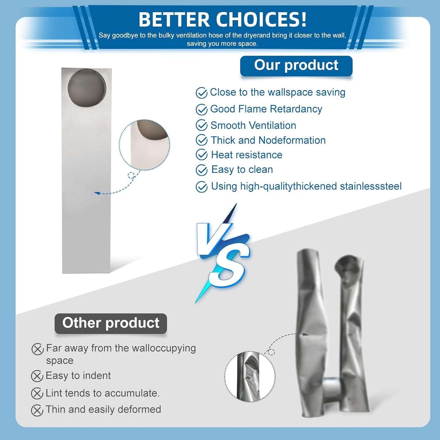 25"-55" Dryer Vent Periscope Kit – Adjustment Stainless Steel Duct for Tight Spaces, Slim Flat Design, Universal 4" Fit for Whirlpool LG Samsung, Includes 2 Leak-Proof Foil Tapes – OEM Genuine