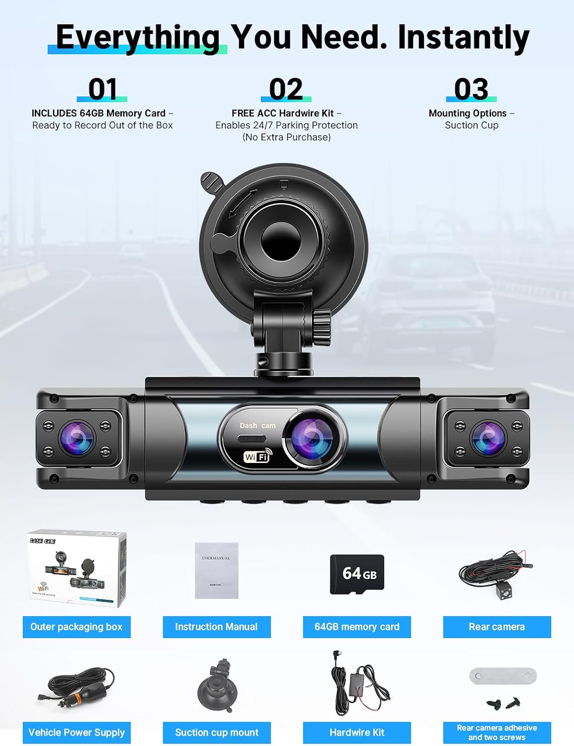 64GB 4 Channel Dash Cam 360° View, Car Dash Cam Front and Back 3.0 Inches Y-DC315, with Hardwire Kit