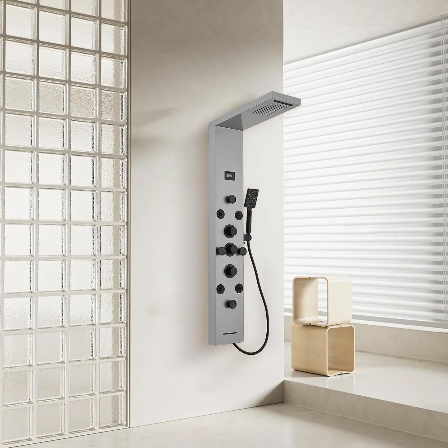 BWE Shower Panel Tower System with Body Jets Rainfall Waterfall Shower Head 6 IN 1 Stainless Steel Brushed Nickel Shower Panel with Tub Spout