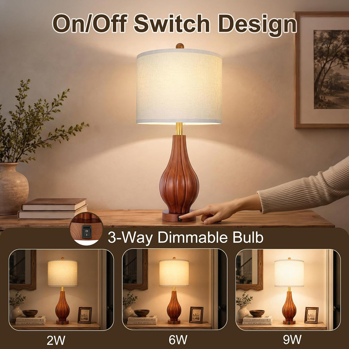 Scenekoy 26.5" Solid Wood Table Lamp Set of 2, 3-Way Dimmable Table Lamp