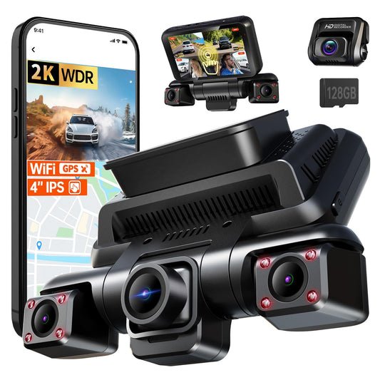 I9PRO 2K 4 Channel Dash Cam Front and Rear Inside, 360°View, 4" Touch Screen Dash Camera for Cars, 8 IR Lamps Night Vision, GPS, Wi-Fi & App, G-Sensor, 24H Parking Mode, with a Free 128G SD Card