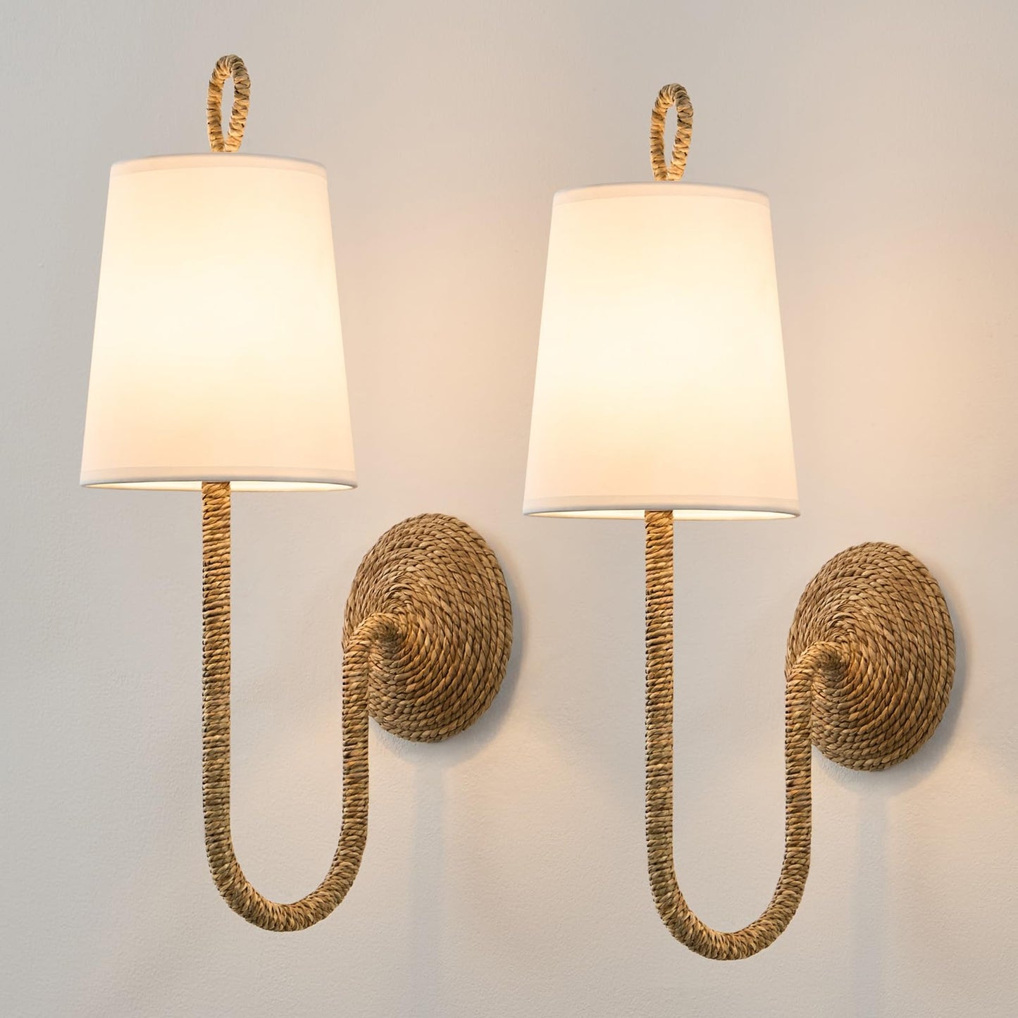 Boho Coastal Rattan Wall Sconce - Set of 2 Bohemian Beachy Nautical Sconces - Natural Wicker Woven Light Fixture with White Fabric Scalloped Shade for Bedroom Living Bathroom Vanity Hallway Decor