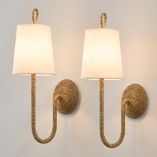 Boho Coastal Rattan Wall Sconce - Set of 2 Bohemian Beachy Nautical Sconces - Natural Wicker Woven Light Fixture with White Fabric Scalloped Shade for Bedroom Living Bathroom Vanity Hallway Decor